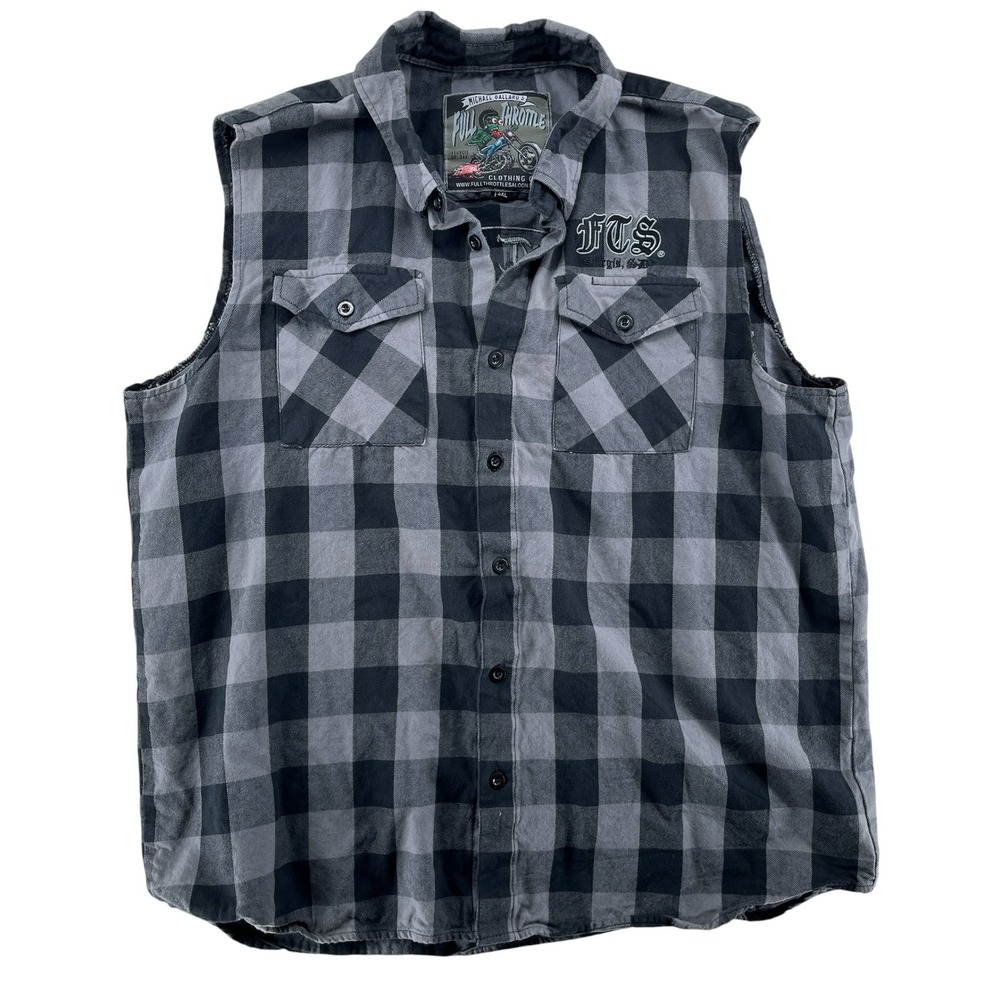 Full Throttle Saloon Sturgis Biker Shirt Vest Mens 3XL Gray Black Plaid Cotton
